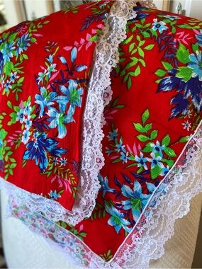 2 VTG Handmade Floral Lace-Trim Throw Cushion Cottagecore Eclectic Retro Vibes